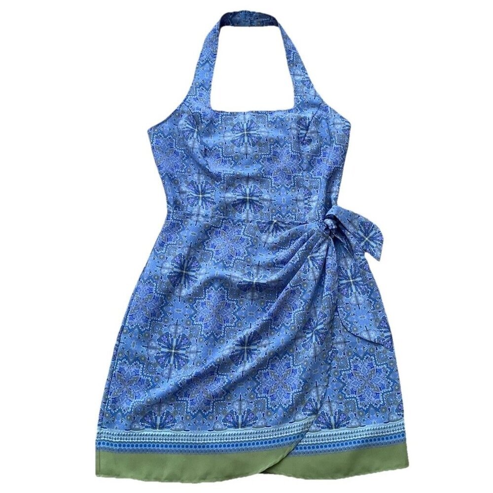 La Belle Paisley Abstract Blue Green Wrap Halter Dress Medium NWT Vintage